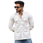 White Cotton Self-Print Hunting Style Shirt | Premium Men's Sportswear | Classic Outdoor Design | Comfortable Cotton Fabric | Size 36-44